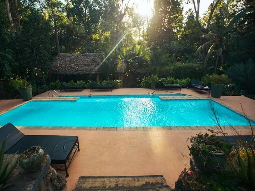 a large swimming pool in a yard with trees at Sanna Eco Lodge in Arusha