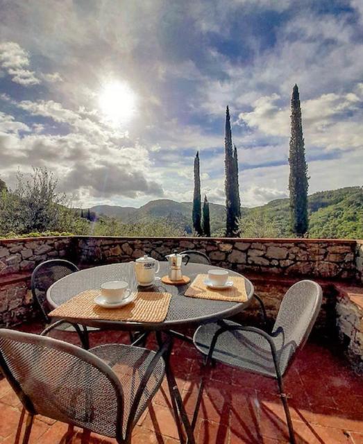 a table and chairs on a patio with a view at Agriturismo Vinci in Gaiole in Chianti