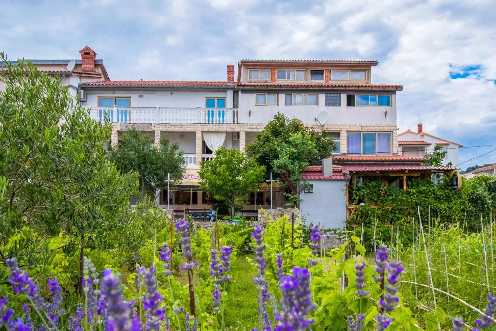 une maison derrière un jardin avec des fleurs violettes dans l'établissement Apartments Zeljka, à Mundanije