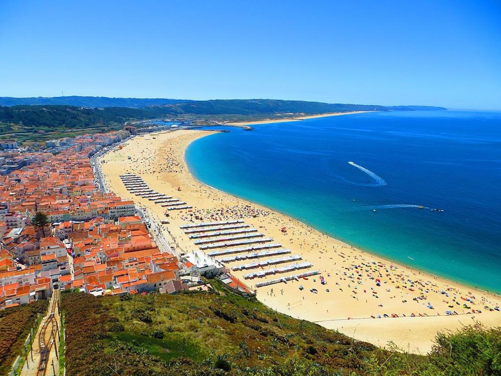 an aerial view of a beach with people on it at Alojamento Rosa in Nazaré