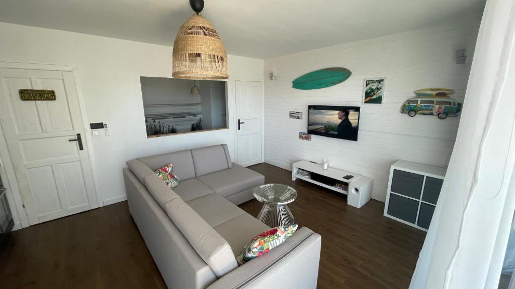 a living room with a couch and a tv at Apartament Mechelinki, wysoki standard. in Pierwoszyno