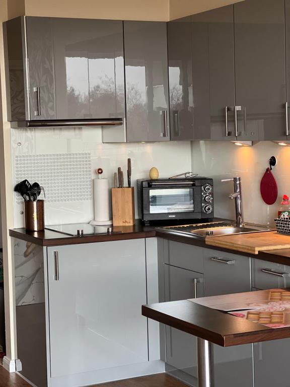 a kitchen with stainless steel cabinets and a microwave at Strandappartement 715 im Plaza Premium Hotel in Timmendorfer Strand