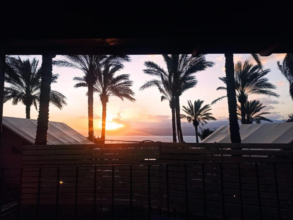 een zonsondergang door een raam met palmbomen bij Crimson View in Moshav Ramot