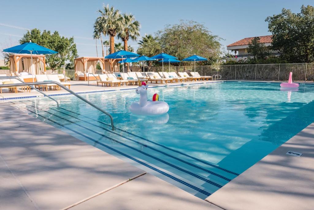 uma piscina com dois cisnes insufláveis na água em L3 Oasis Hotel em Palm Springs