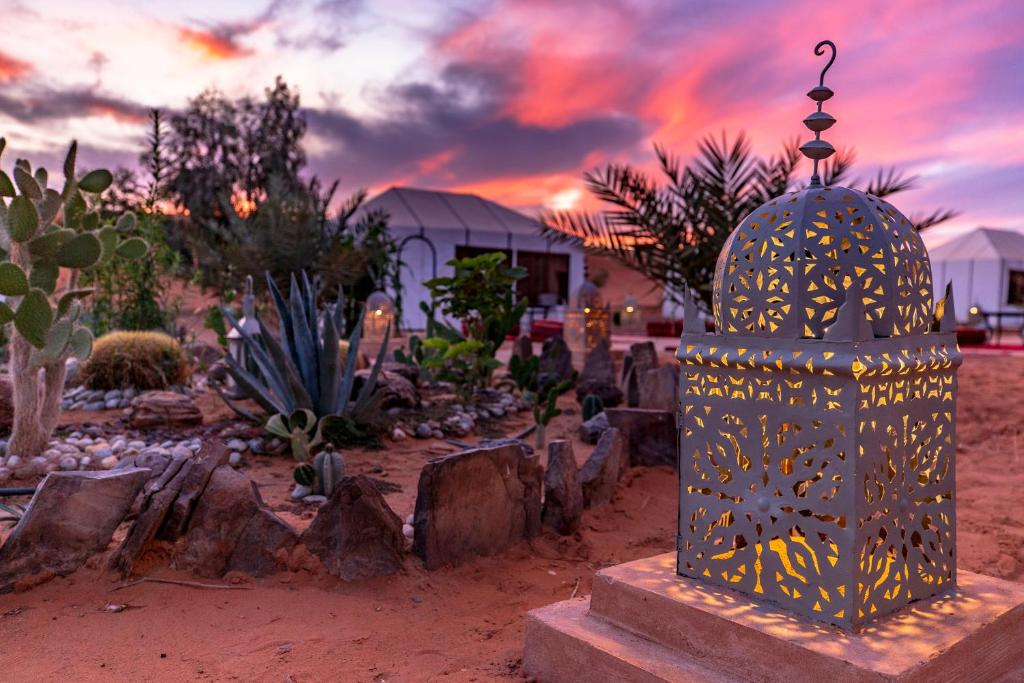 un jardín de cactus con una luz en el medio en Caravanserai Luxury Desert Camp, en Merzouga
