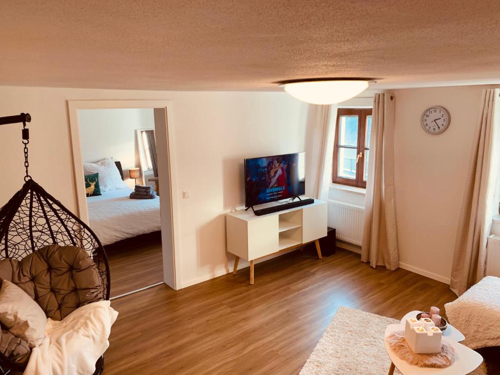 a living room with a room with a bed and a mirror at FELIX LIVING 2, Cozy & modern & Netflix Wohnung mit Blick ins Grüne in Passau