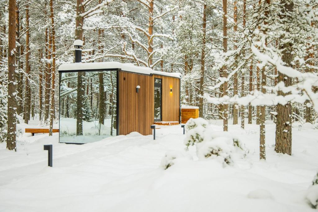 a cabin in the woods in the snow at ÖÖD Hötels Laheranna SUME -with sauna in Punakivi