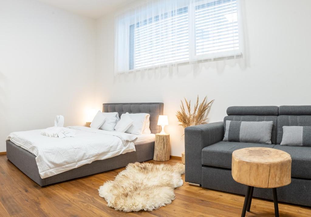 une chambre avec un lit et un canapé dans l'établissement Apartmán Vrchlabí Krkonoše, à Vrchlabí
