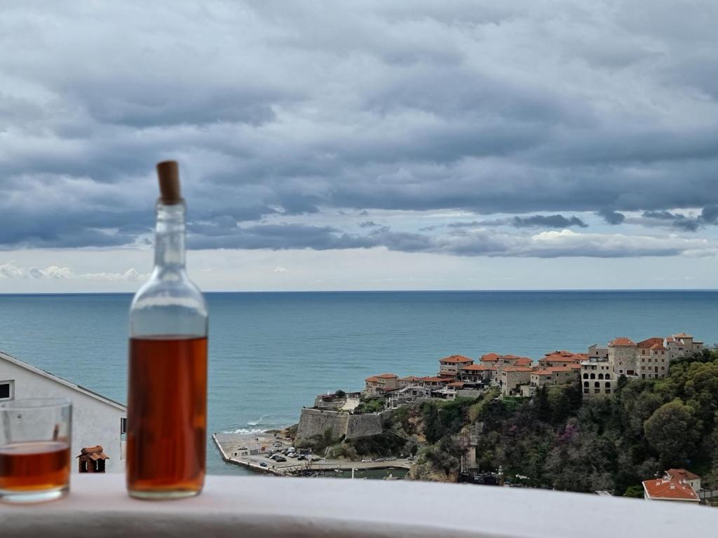 a bottle of wine sitting on a ledge overlooking the ocean at Apartments Adriatik in Ulcinj