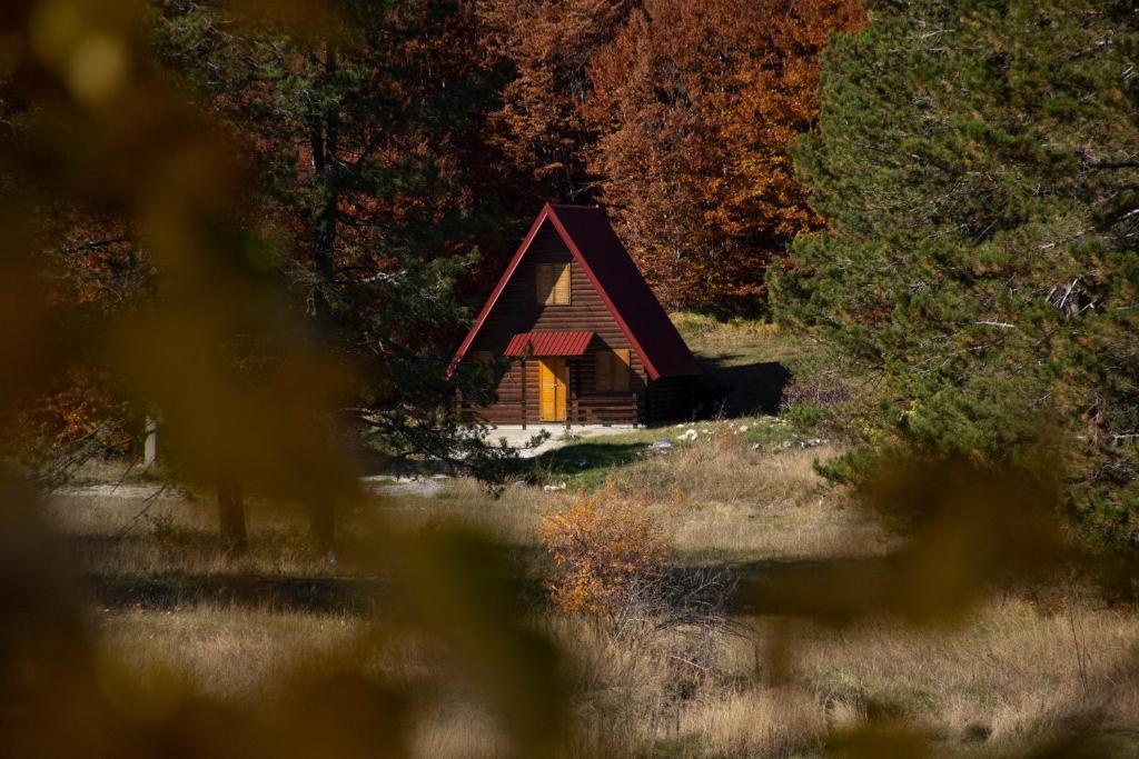 a small cabin in the middle of a forest at Breeze Home Cottage in Cetinje