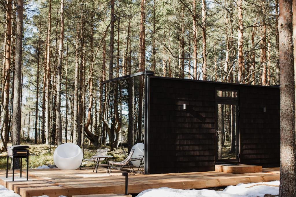 una cabaña negra en el bosque con un orbe blanco en ÖÖD Hötels Laheranna SUDU- with sauna en Punakivi