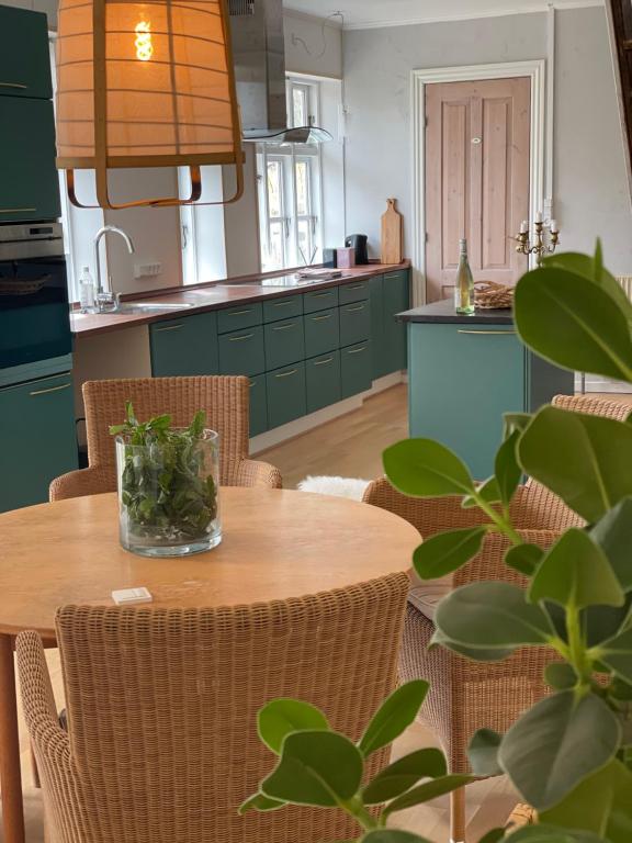 a kitchen with a table and chairs and a kitchen with green cabinets at Feriehus i skøn natur in Stenstrup