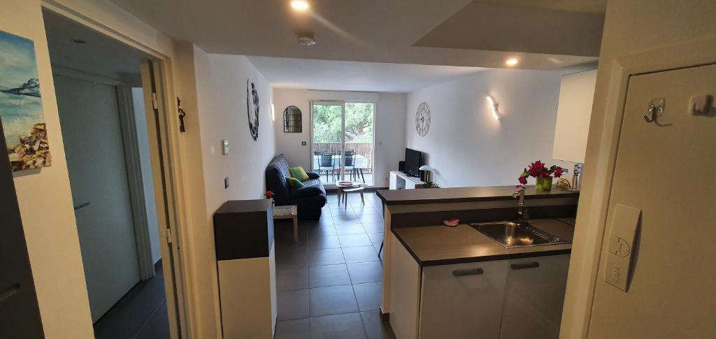 a kitchen with a sink and a living room at appartement résidence La Plage 4 **** in La Londe-les-Maures