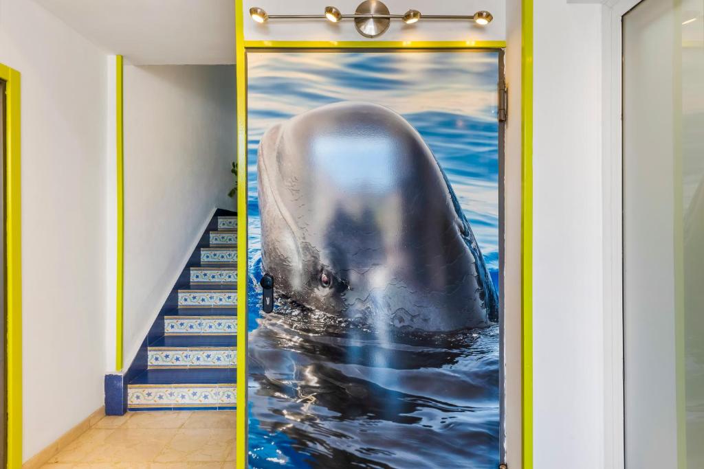 a dolphin on the door of a hallway with stairs at Hotel Andrea´s in Los Cristianos