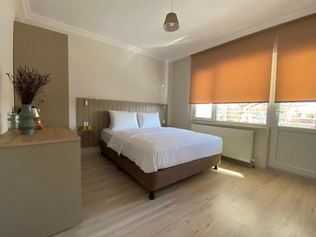 um quarto com uma cama e duas janelas em Well Hotel Edirne em Edirne