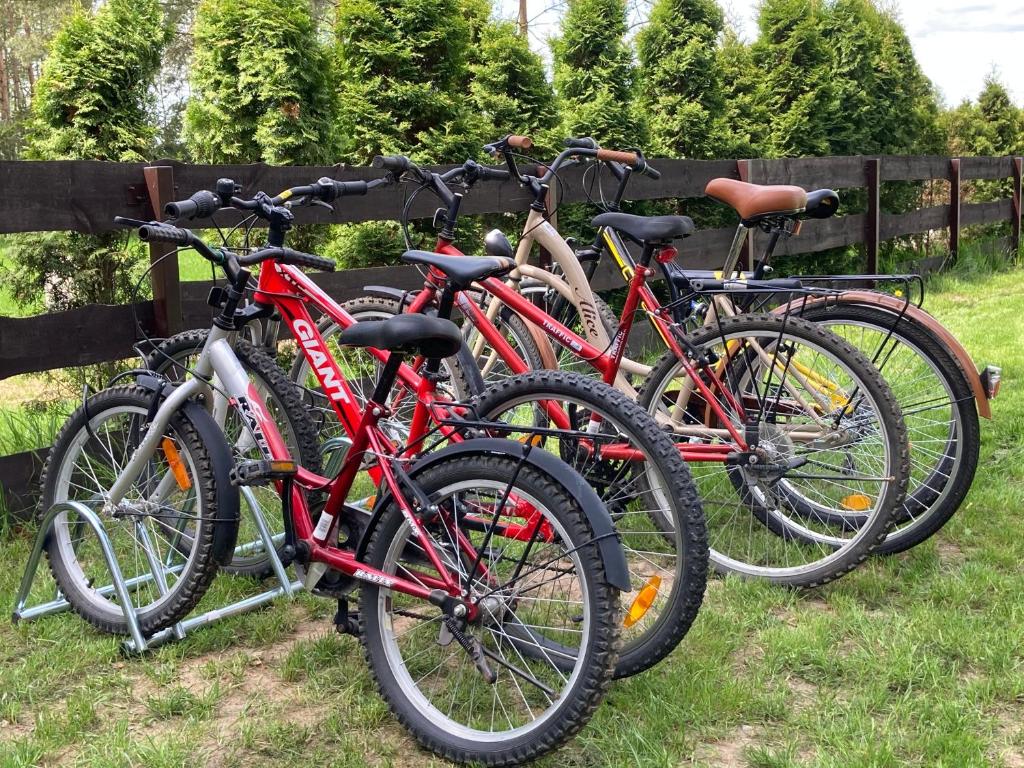 - un groupe de vélos garés à côté d'une clôture dans l'établissement Makosieje Resort - komfortowy domek 30m od jeziora,ogrzewanie,wi-fi,widok na jezioro, à Makosieje