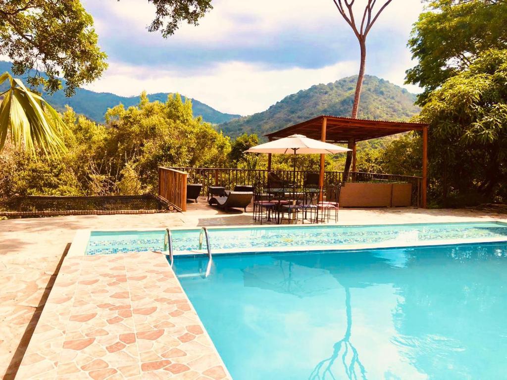 a swimming pool with a table and an umbrella at Hotel Minca - La Casona in Minca