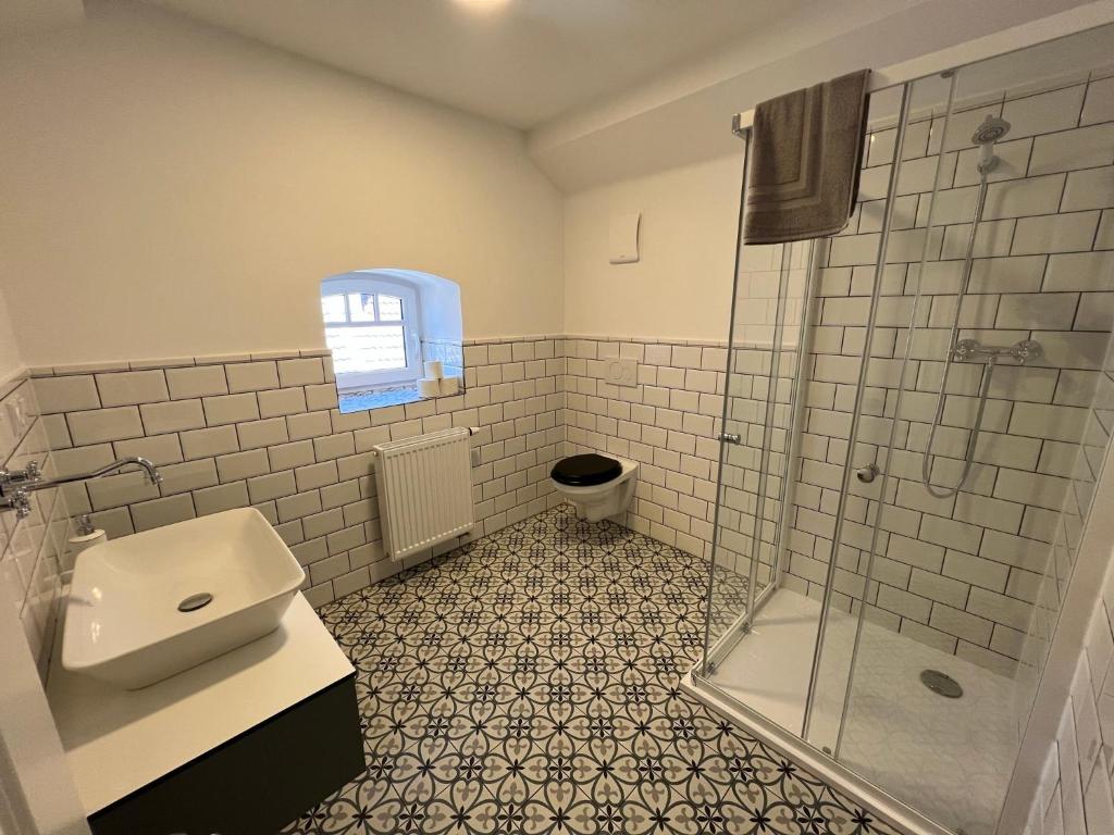 Koupelna v ubytování Apartmány Hájovna