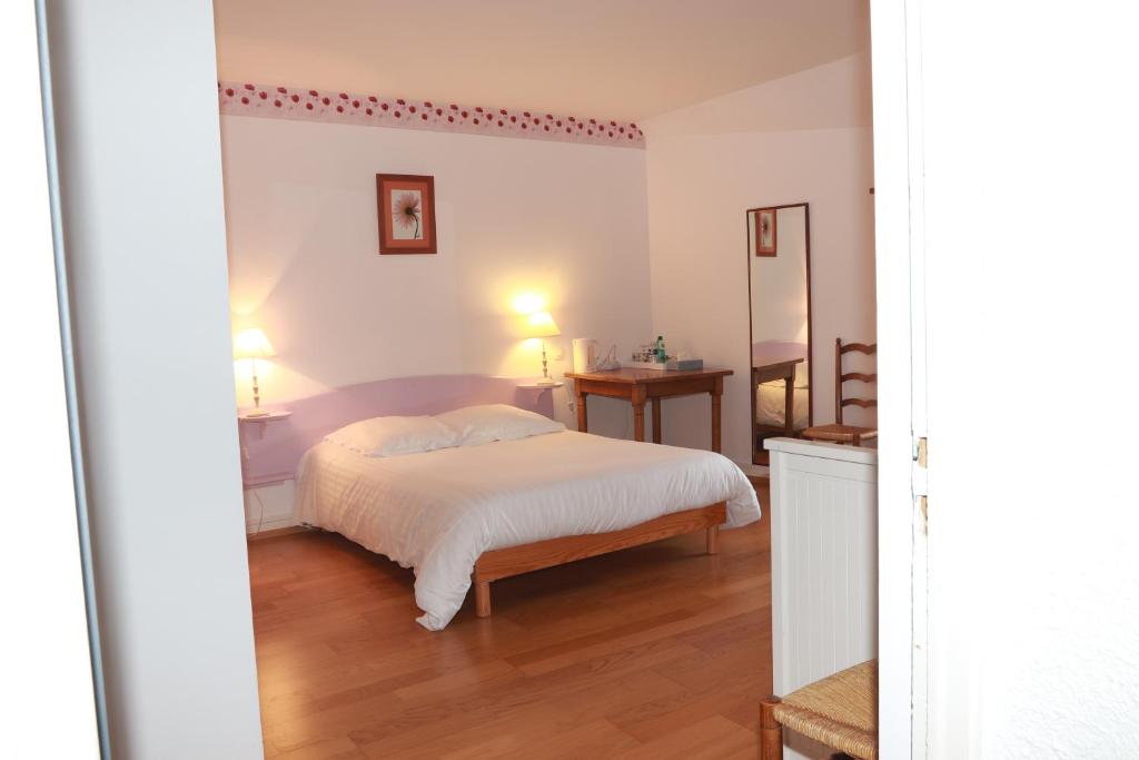 a bedroom with a bed and a mirror at Logis Le Relais de Thézillieu in Thézillieu