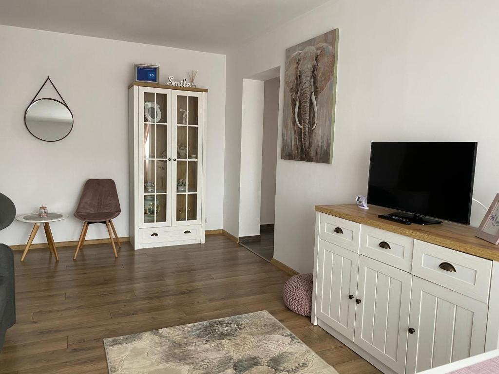 a living room with a flat screen tv on a cabinet at Best Apartment City Hall in Suceava