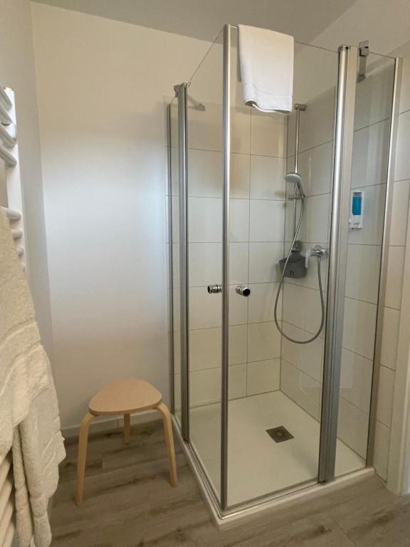 a shower with a glass door and a stool in a bathroom at PRIMA Inn HOTEL & HOF NEURUPPIN - digitales & rezeptionsloses Motel in Neuruppin