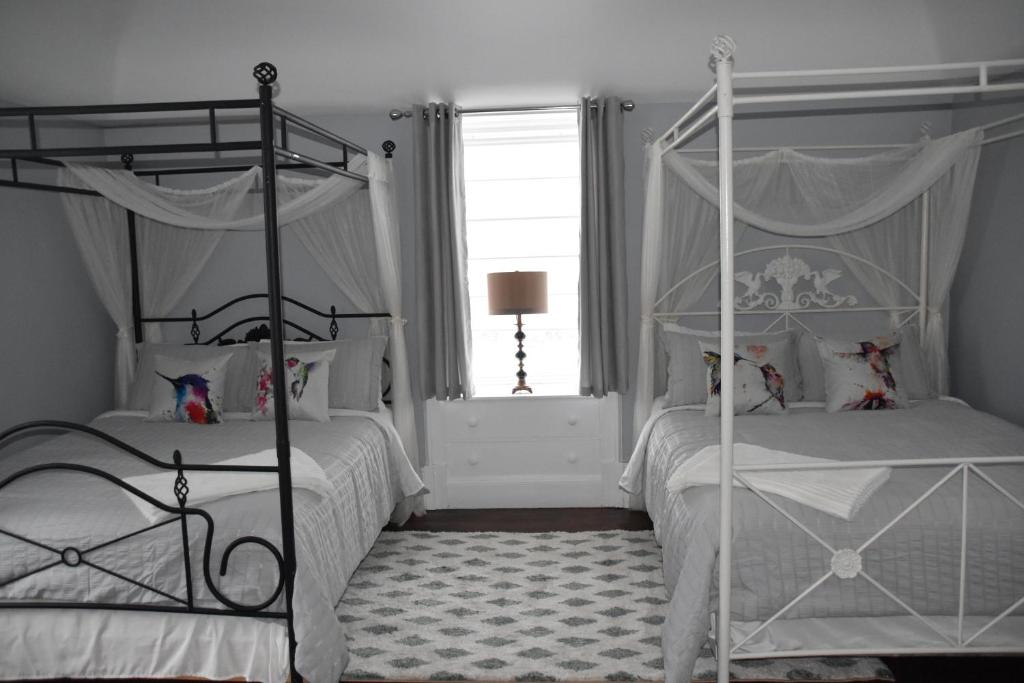 een slaapkamer met 2 stapelbedden en een raam bij Seabank House Bed and Breakfast Hummingbird in Pictou