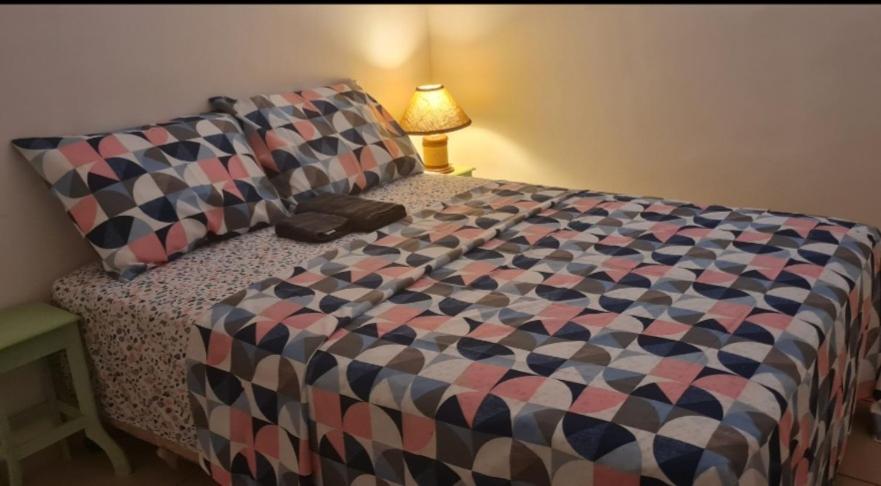 a bedroom with a bed with a checkered comforter at Ap confortável prox USP-HC fácil acesso Arena EUROBIKE , estacionamento e wifi 400 mega in Ribeirão Preto