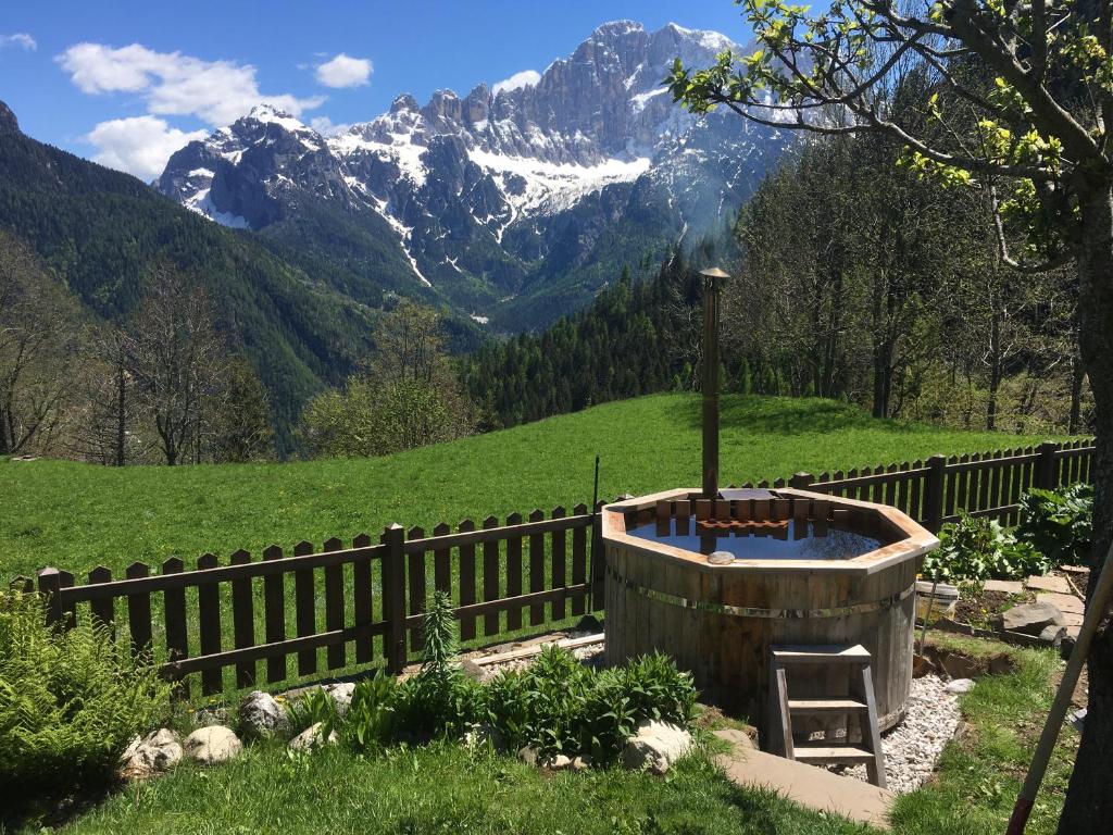 a hot tub in a garden with mountains in the background at Rocca B&B in Rocca Pietore