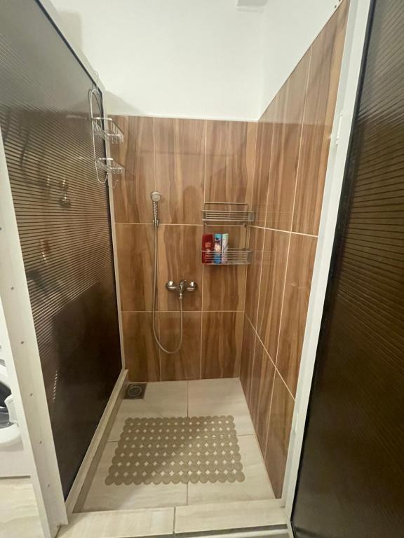 una doccia con una porta in vetro in un bagno di Apartman Prima Sombor a Sombor