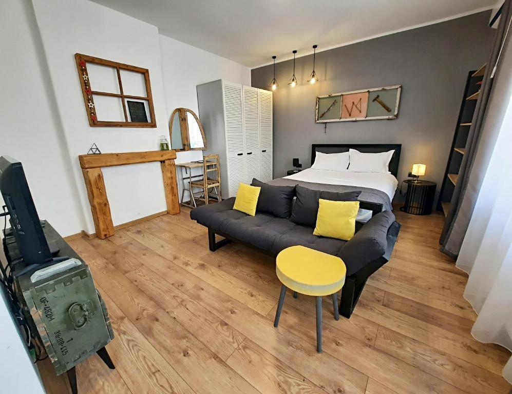 a bedroom with a bed and a couch and a tv at PIF Apartments Sadoveanu in Braşov