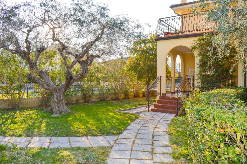 a house with a tree and a walkway at Homiday - Villino Saranda in Pineto