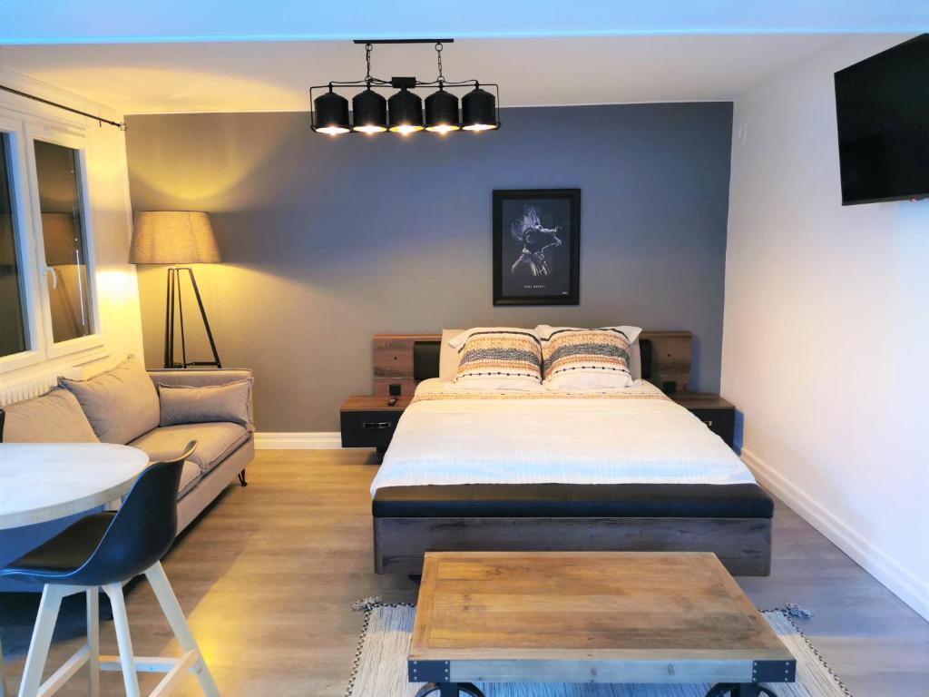 Un pat sau paturi într-o cameră la Studio très chaleureux entièrement refait à neuf