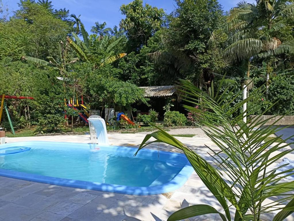 a swimming pool in a yard with a palm tree at Suites Brejauva in Ubatuba