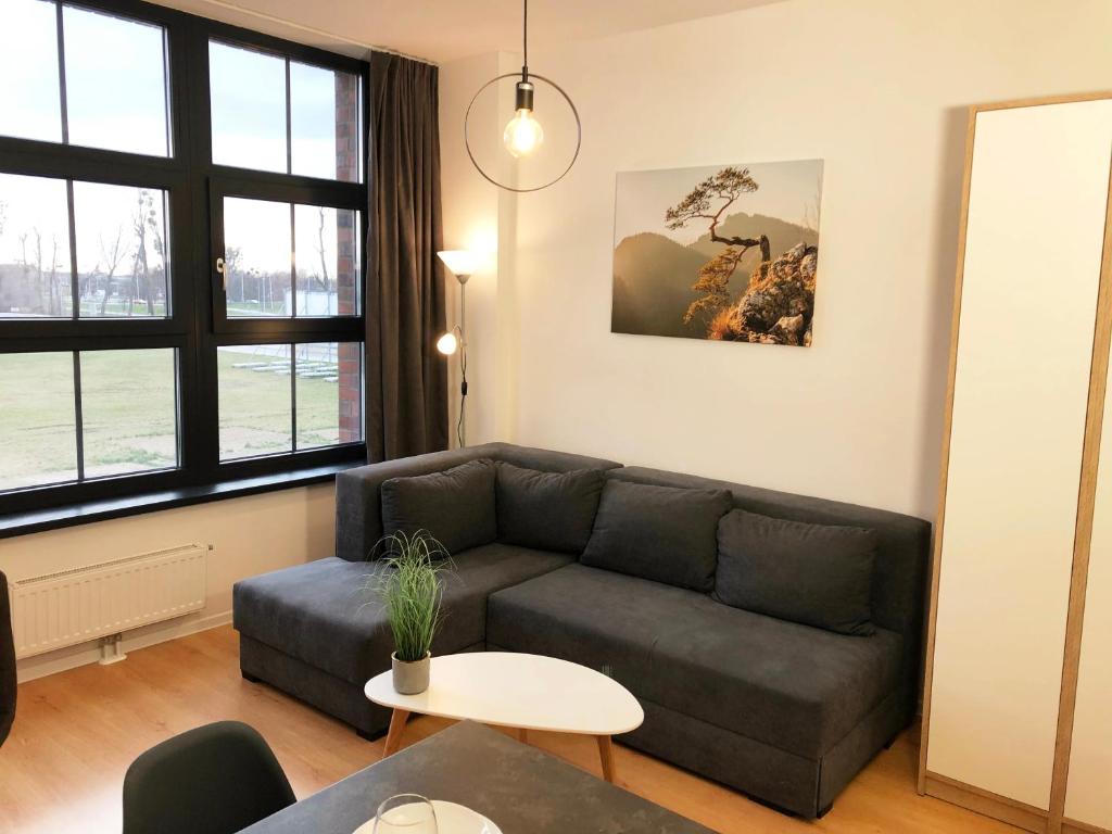 a living room with a couch and a table at Apartimento Hydral Figo in Wrocław