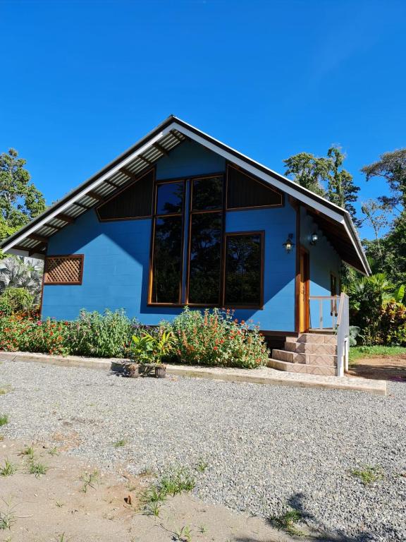 a blue house with a front porch and stairs at Casa Numú in Cahuita