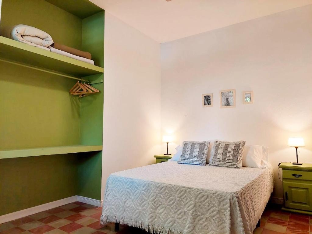 a bedroom with a bed with green walls and shelves at Casa Sarmiento in San Francisco del Monte de Oro
