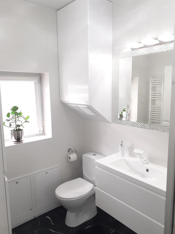 a white bathroom with a toilet and a sink at Apartament Glamour in Gniezno