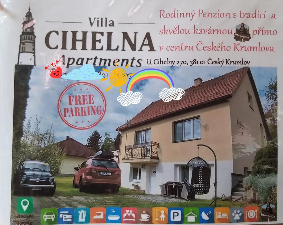a sign for a house in a subdivision with a rainbow at Villa Cihelna apartments in Český Krumlov