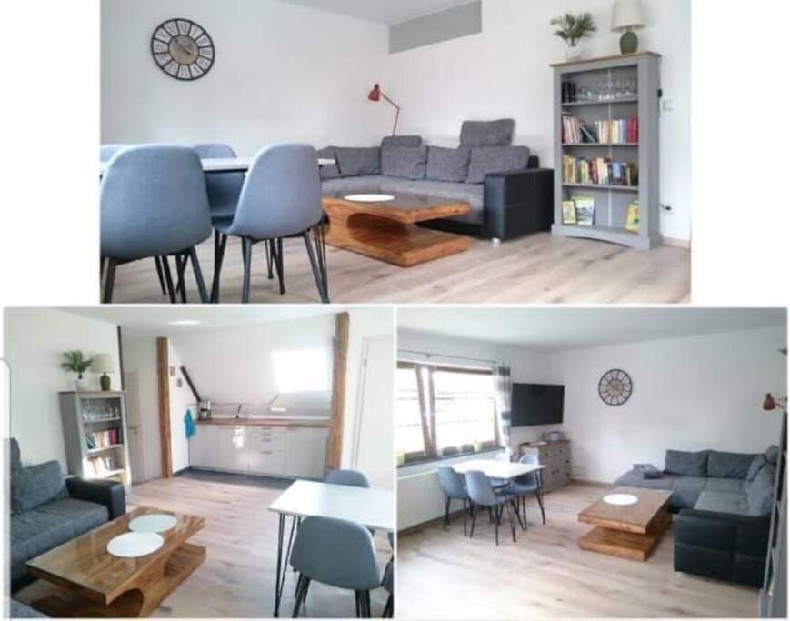 two pictures of a living room and a dining room at Ferienwohnung Inselblüte in Werder