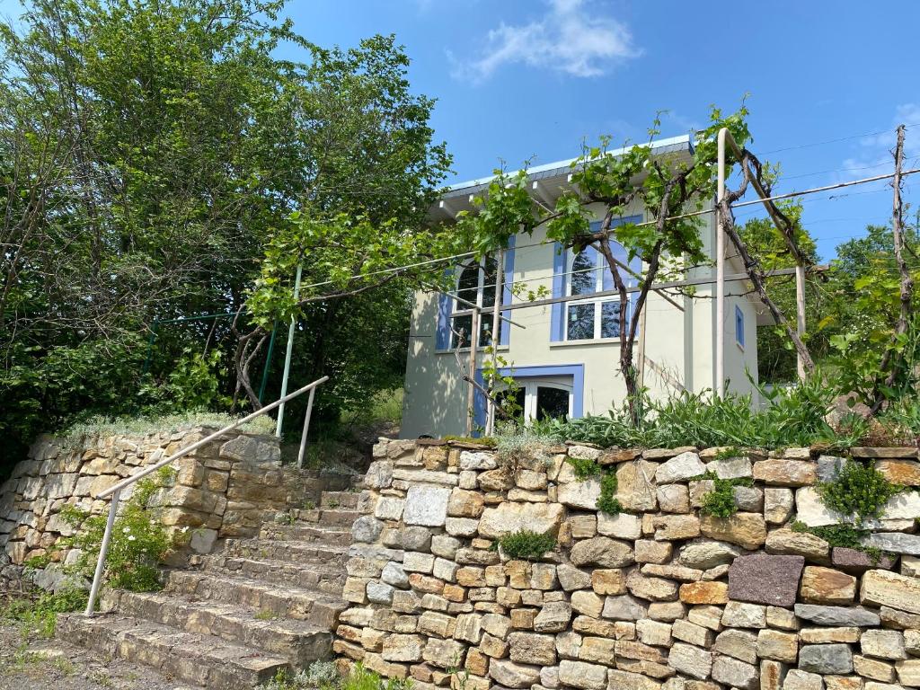ein Haus mit einer Steinmauer und einer Treppe in der Unterkunft Weinbergshaus mit Blick auf's Wasser in Salzatal