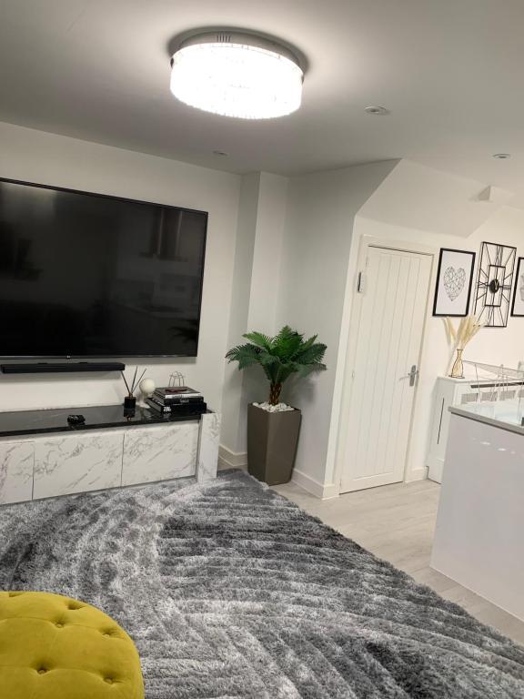 A BYK luxury modern home that sleeps 2 - 8 people في Horndon on the Hill: غرفة معيشة مع تلفزيون بشاشة مسطحة كبيرة وسجادة