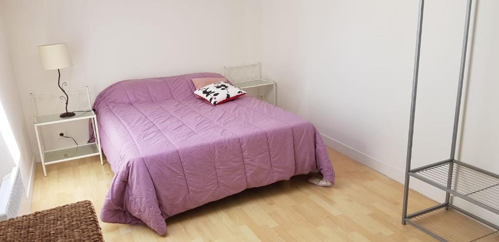 シャンプニエにあるMaison au coeur d'un village près d'Angoulêmeのベッドルーム1室(紫色のベッド1台、枕付)