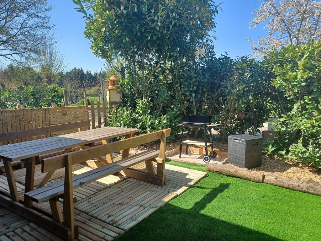 una mesa de picnic y una parrilla en un jardín en Chalet chaleureux avec parking garage motos, vélos, en La Chapelle-aux-Chasses