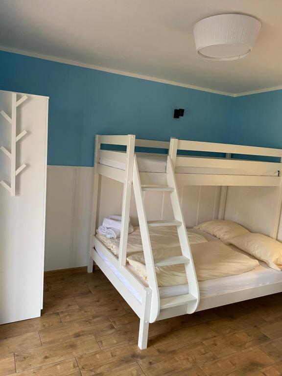 two bunk beds in a room with a blue wall at Dom Gościnny Marzena in Międzyzdroje