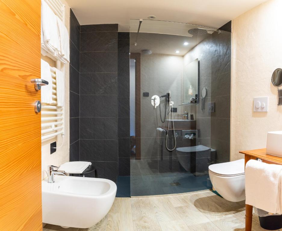 a bathroom with a shower and a toilet and a sink at Hotel Berthod in Courmayeur