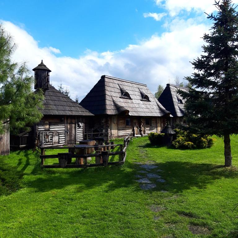 stary drewniany dom na polu zielonej trawy w obiekcie Gród Pędzików w Chęcinach