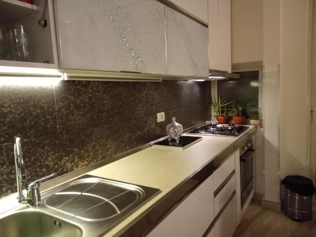 cocina con fregadero y encimera en Holiday Center Apartment, en Shkodër