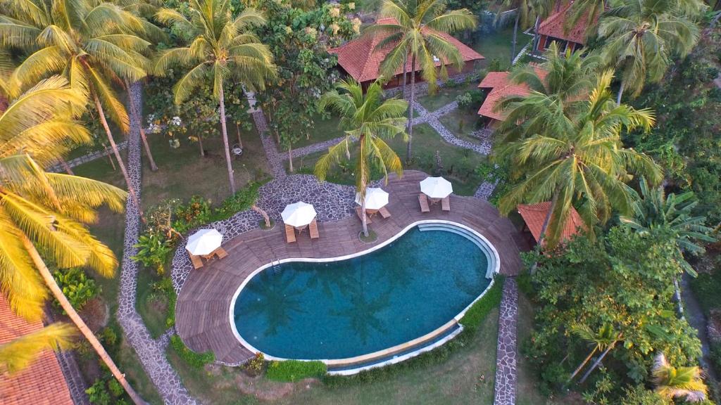 einen Luftblick auf einen Pool mit Palmen in der Unterkunft Diamond Beach Villa Lombok in Tanjung