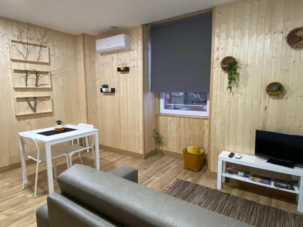 ein Wohnzimmer mit einem Sofa, einem Tisch und einem TV in der Unterkunft Rústico T1 no centro cidade in Guarda