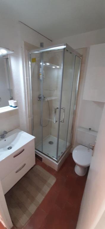uma casa de banho com uma cabina de duche em vidro e um WC. em Studio de vacances 3eme et dernier étage vue Marina em Le Barcarès